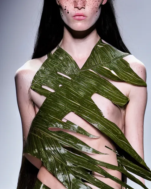 Image similar to multi panel storyboard of olivia wearing an outfit made of palm leaves, runway model at new york fashion week, sporty physique, black hair, freckles, pale skin, multiple angles, photo by greg rutkowski, stage lighting, soft colors, female beauty, intricate detail, elegance, 3 5 mm, depth of field, masterpiece