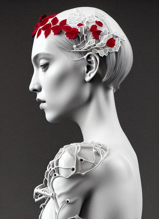 Image similar to complex 3d render ultra detailed of a beautiful porcelain profile young woman face, biomechanical cyborg, 200 mm lens, beautiful studio soft light, rim light, silver white gold red details, magnolia big leaves achromatic and stems, roots, fine foliage lace, mesh wire, Alexander Mcqueen high fashion haute couture, art nouveau fashion embroidered, intricate details, hyper realistic, ultra detailed, mandelbrot fractal, anatomical, facial muscles, cable wires, microchip, elegant, octane render, H.R. Giger style, 8k post-production, trending on Artstation