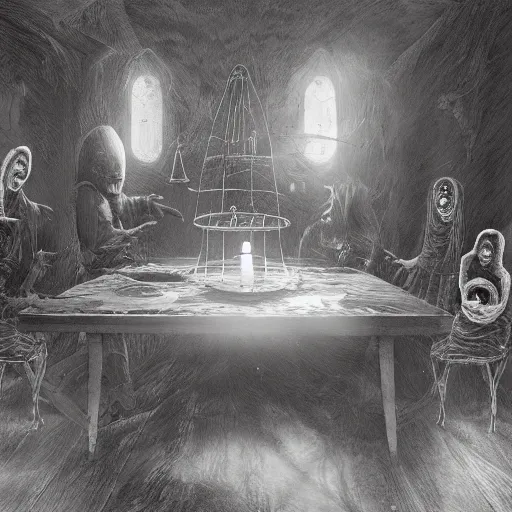 Prompt: a Victorian seance around a wooden table with crystal ball and ectoplasm and spirit manifestations, concept art, very detailed, 8K, horror, spooky, gothic, trending on artstation