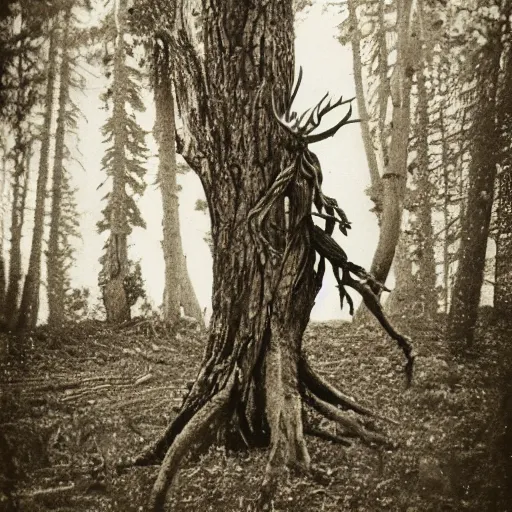 Prompt: old photo of a Leshen amongst the trees