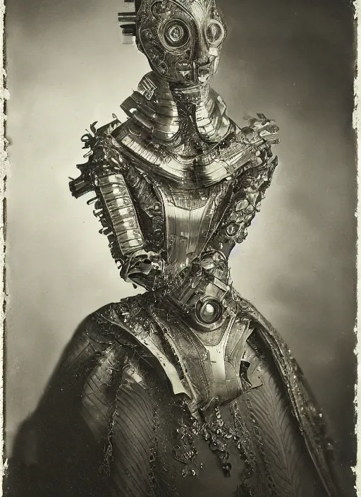 Prompt: old wetplate daguerreotype portrait of a futuristic silver armored headless marie antoinette cyborg, fractal, intricate, elegant, highly detailed, subsurface scattering, by jheronimus bosch and greg rutkowski and louis jacques mande daguerre