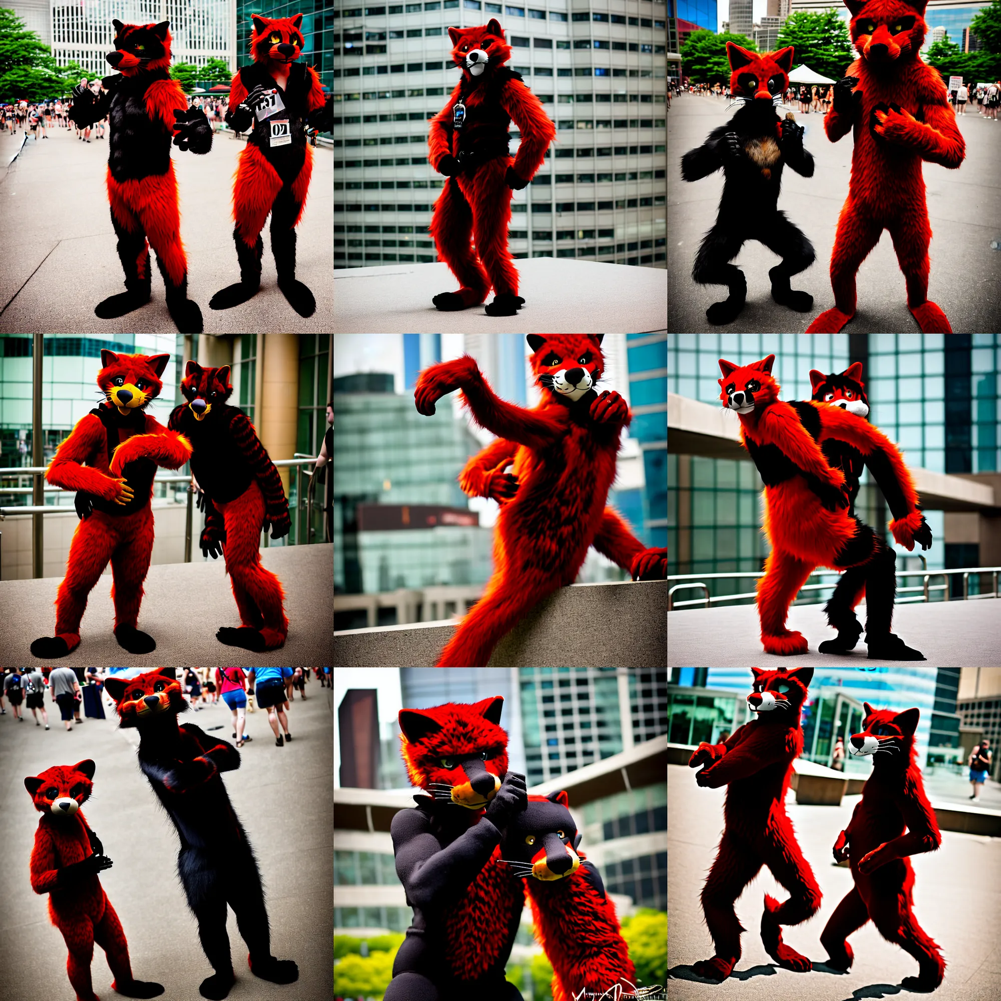 Prompt: fullbody photoshoot photo portrait of a roguish male red - black furred bipedal weasel furry fursuiter, taken at anthrocon ( furry convention )