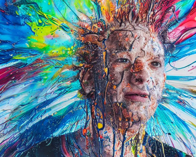 Image similar to still shot close up footage of the portrait of a human head explodes and disintegrates into acrylic pour and splashing paint, motion blur, hyperrealistic, medical, intricate art photography, anatomically correct, realistic crisp textures, 1 6 k