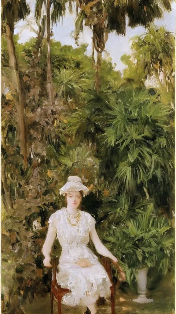 Image similar to beautiful young julee wear a lace dress in a botanical room set near a persian pot and palm treeby john singer sargent