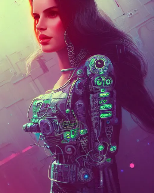 Image similar to portrait of lana del rey as a cyberpunk cyborg. roses, sci - fi, intricate abstract upper body intricate artwork, by tooth wu, wlop, beeple, dan mumford. concept art, octane render, deviantart, greg rutkowski, cinematic arthouse, key art, hyper realism, iridescent accents