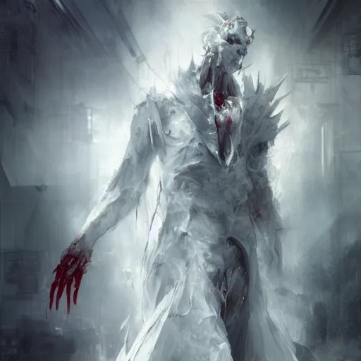 Image similar to a humanoid cyberpunk white dragon wearing a white mage robe by melmoth zdzislaw belsinki craig mullins yoji shinkawa realistic render ominous detailed photo atmospheric by jeremy mann francis bacon and agnes cecile ink drips paint smears digital cyberpunk, realistic anime, dramatic lighting, red light, red highlights