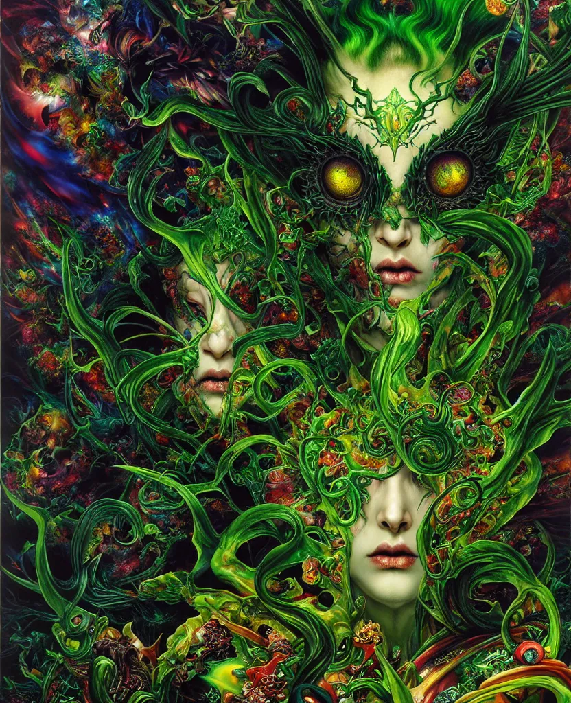 Prompt: realistic detailed image of green mega god of chaos, depth perception, depth of field, action horror by lisa frank, ayami, karol bak, neo - gothic, gothic, rich deep colors, part by adrian ghenie and gerhard richter. art by yoshitaka amano. masterpiece