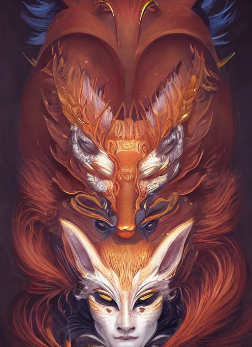 Prompt: a beautiful detailed oil on copper art illustration of a japanese namahage kitsune mask devil woman, centered, by charlie bowater, zeng fanzh, trending on artstation, dim dusk lighting, cinematic lighting, detailed lighting, volumetric lighting, realistic, f 8, 4 k hd wallpaper