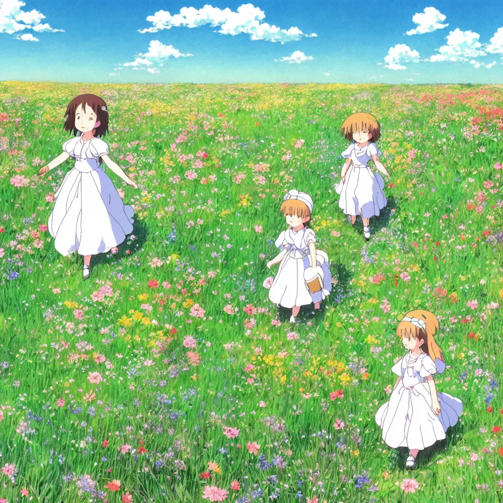 Image similar to little girl in princess dress, walking through a field of flowers, puffy clouds, beautiful, summer, calm, studio ghibli, art by hayao miyazaki, makoto shinkai