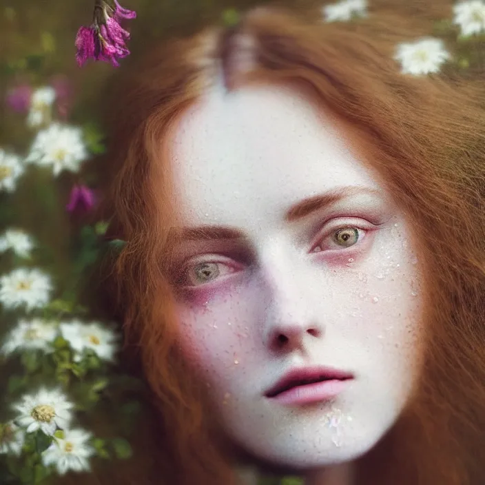 Image similar to Kodak Portra 400, 8K,ARTSTATION, Caroline Gariba, soft light, volumetric lighting, highly detailed, britt marling style 3/4 , extreme Close-up portrait photography of a beautiful woman how pre-Raphaelites,inspired by Ophelia paint, the face emerges from water of Pamukkale, hair are intricate with highly detailed realistic beautiful flowers , Realistic, Refined, Highly Detailed, interstellar outdoor soft pastel lighting colors scheme, outdoor fine art photography, Hyper realistic, photo realistic