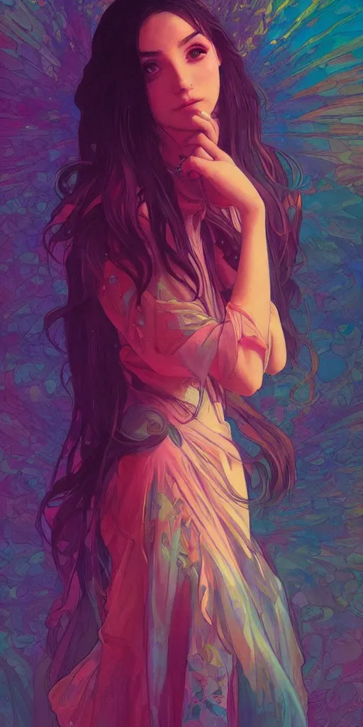 Prompt: beautiful, young woman, sad eyes, tears running down, vaporwave aesthetic, synthwave, colorful, psychedelic, long gown, digital painting, artstation, concept art, smooth, sharp focus, illustration, art by artgerm and greg rutkowski and alphonse mucha