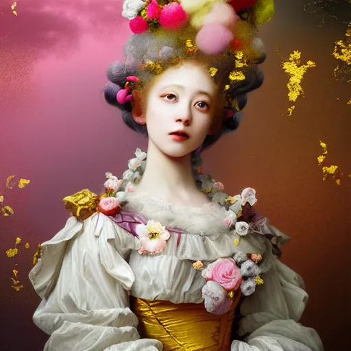 Image similar to 8 k, octane render, realism, tonalism, renaissance, rococo, baroque, portrait of a young - lady wearing long - harajuku manga - dress with flowers!!! and skulls, background - chaotic gold leaf flowers, cotton candy!!!!