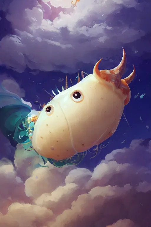 Image similar to a very cute sea slug with long horns, by rhads, makoto shinkai and lois van baarle, johannes voss, low angle fisheye view, sky whith plump white clouds, elegant, highly detailed, artstation, 8 k, unreal engine, hdr, concept art, volumetric lighting matte