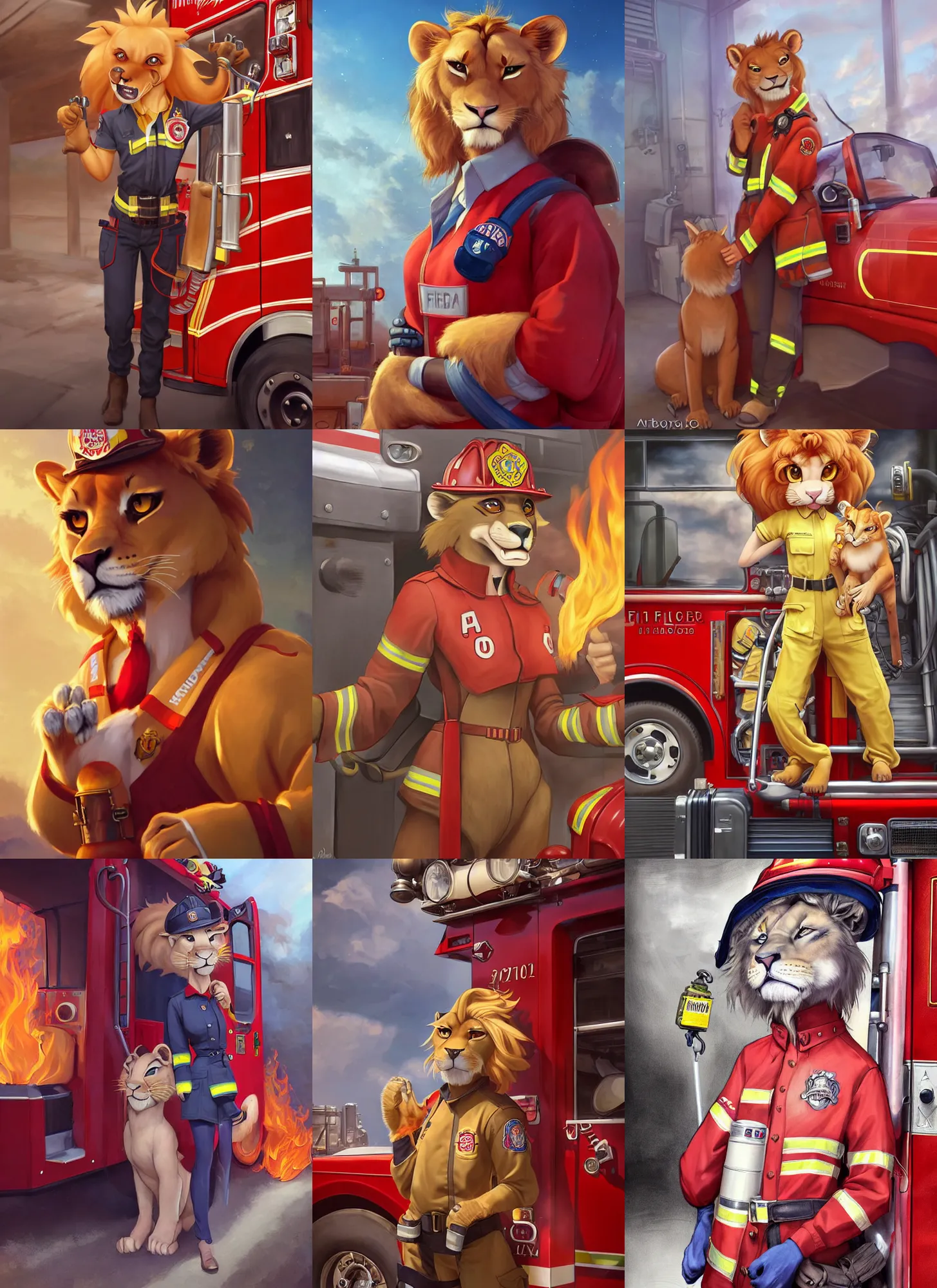 Prompt: beautiful portrait of a female anthropomorphic lioness fursona wearing a fire fighter uniform at the fire station with a fire truck. character design by disney, charlie bowater, ross tran, artgerm, and makoto shinkai, detailed, soft lighting, rendered in octane