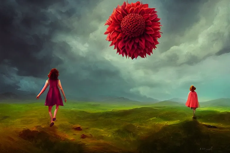 Image similar to giant dahlia flower as a head, girl walking on mountain, surreal photography, stars, dramatic light, impressionist painting, storm clouds, digital painting, artstation, simon stalenhag