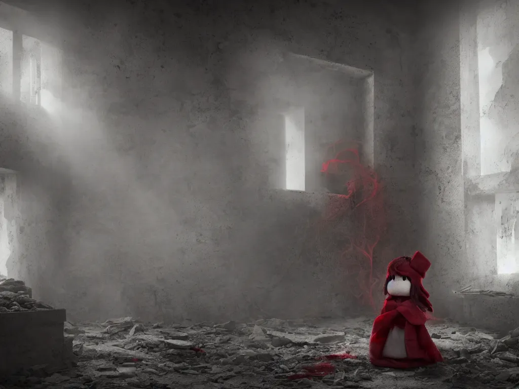 Image similar to cute fumo plush girl ghost in a mysterious concrete wartorn brutalist ruin, chibi gothic wraith maiden of the afterlife, dramatic three point lighting, glowing wisps of hazy smoke and volumetric fog swirling about an ominous red glow, production volume rendering, vray