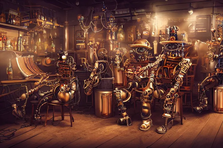 Image similar to backstage at a festival, 3 drunk steampunk robot musicians sitting on chairs, table with many bottle of beer and wiskey, exaggerated detailed, unreal engine