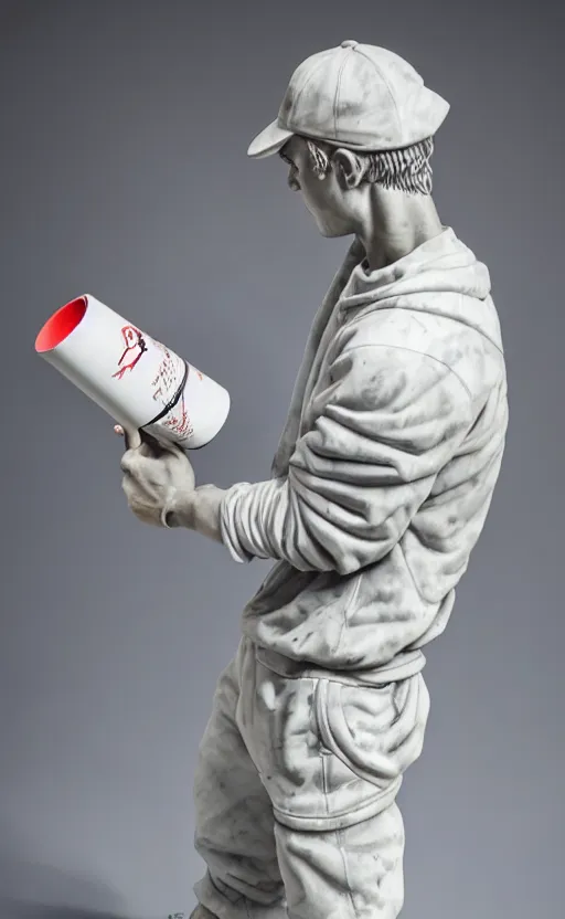 Image similar to sculpture of a graffiti artist holding a spray can by michelangelo, carrara marble, 4 k