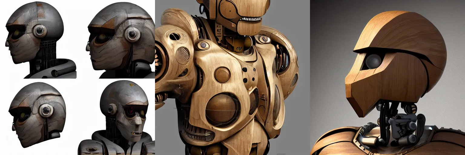 Prompt: photorealistic 8k sculpture piédestal wooden robot cyberpunk roman artstation