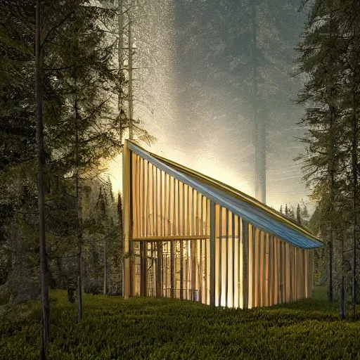 Image similar to solarpunk chapel from the outside in nature, forest and mountains, beautiful lighting, photorealistic, detailed