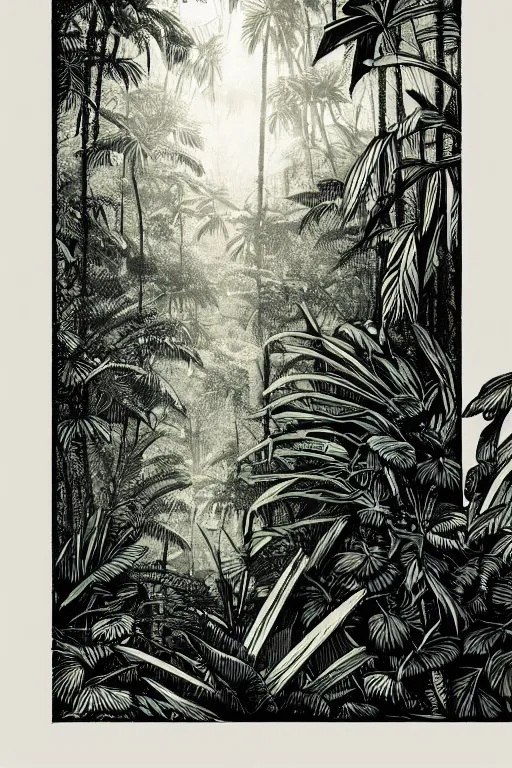 Image similar to an award winning woodcut print of a jungle in costa rica, 8 k, frostbite 3 engine, cryengine, dof, trending on artstation, digital art, crepuscular ray, art by roy l davies and tugboat printshop