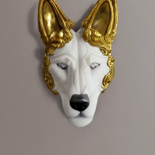 Prompt: a white marble statue of a wolf's head with gold filigree