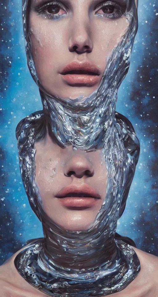 Prompt: hyperrealism oil painting, close-up portrait of nun fashion model, melted cyborg, ocean pattern mixed with star sky, in style of classicism