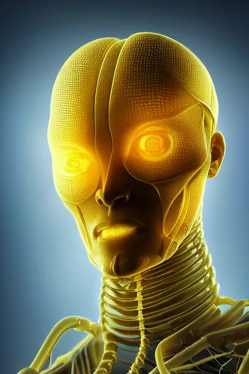 Image similar to hyperrealistic close-up translucent intricate exoskeleton!! sad chinese man covered highly detailed concept art eric zener elson peter cinematic side soft yellow light high angle hd 8k sharp shallow depth of field