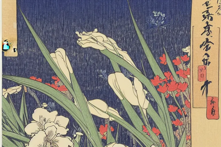 Prompt: an amazing ukiyoe drawing of a little grasshopper hidden amongst irises by katsushika hokusai and utagawa hiroshige, masterpiece, hyperdetailed!!!, intricate, complex, 4 k