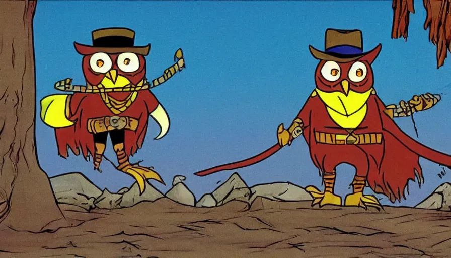 Prompt: 1990s cartoon show screenshot from the animated show an Owl dressed up as the lone ranger in the wild west