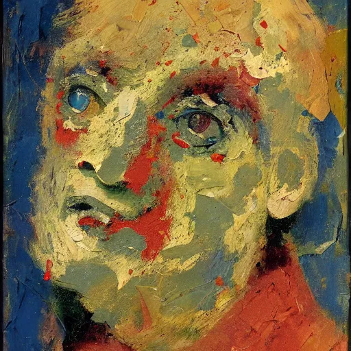 Image similar to oil paint impasto, a woman, multi layered thick brush marks, some splattered paint, in the style frank auerbach and redon