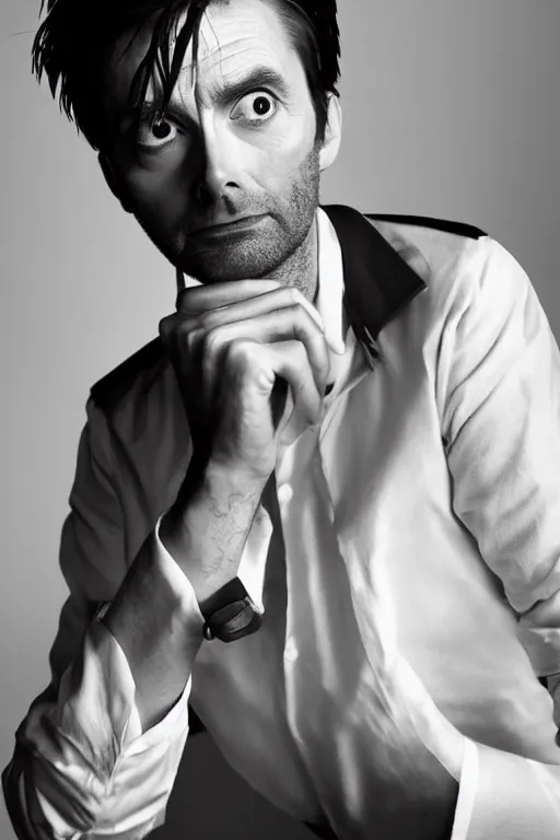 Image similar to photo of David Tennant as the 10th Doctor in the style of Peter Lindbergh,