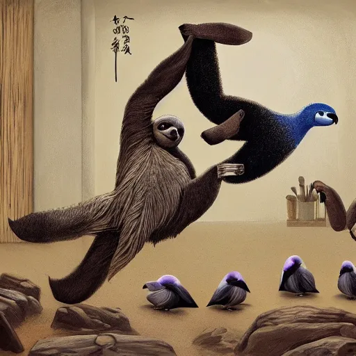 Image similar to painting of a sloth vs pigeon kung fu style in a dojo, facing each other, aggressive sloth vs a muscled pigeon, best photo award, high quality 8 k, cinematic lighting, painting by kusama, high detail, realism : 9 5 %