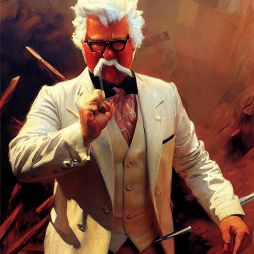 Image similar to colonel sanders destroying mcdonald, highly detailed painting by gaston bussiere, craig mullins, j. c. leyendecker, 8 k