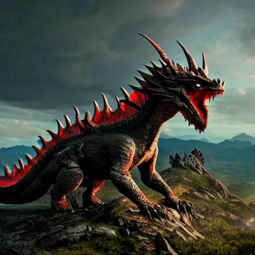 Image similar to giant dragon standing on a mountain, highly detailed, 4 k, hdr, award - winning, directed by zack snyder