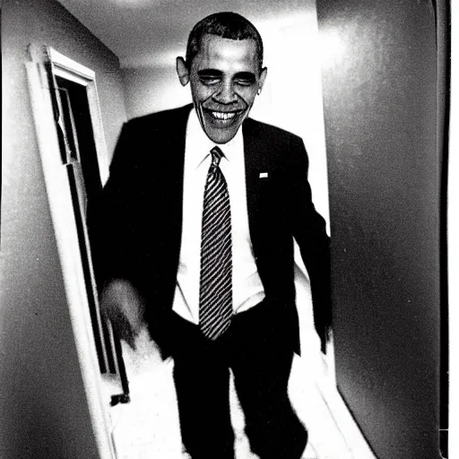 Image similar to A creepy polaroid of Obama chasing you in a narrow hallway