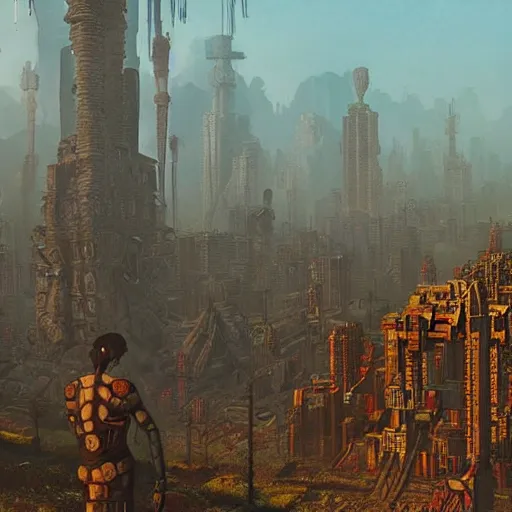 Image similar to mayan cyberpunk city in the center of redwood forest, viewed from a distance, shadow of the colossus screenshot by j. c. leyendecker, simon stalenhag, studio ghibli, and beksinski