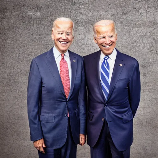 Image similar to A portrait photo of joe biden teams up with a teenage joe biden, perfect faces, 50 mm, award winning photography