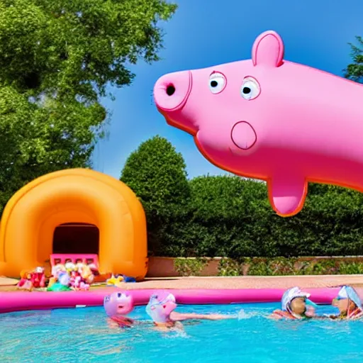 Image similar to a large inflatable float of Peppa Pig in a luxury hotel swimming pool