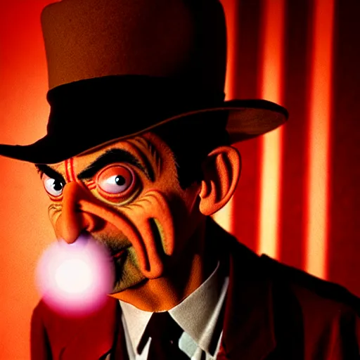 Image similar to mr. bean as freddie krueger. movie still. cinematic lighting.