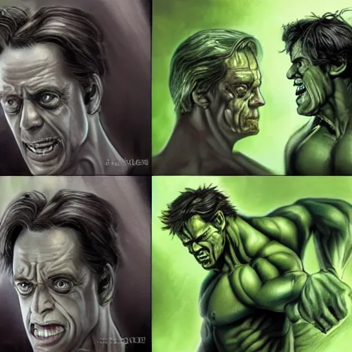 Image similar to steve buscemi as bruce banner turning into the hulk, multiple transformation phases, concept art, by artgerm and luis royo