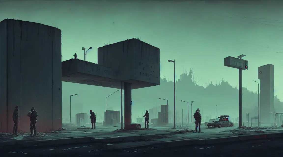 Image similar to post - apocalyptic police station, concrete building, paved roads, by simon stalenhag, highly detailed photography, trending on artstation, hyperrealistic, human silhouettes, cyberpunk, environment artist, dystopian, science fiction, synthwave neon retro