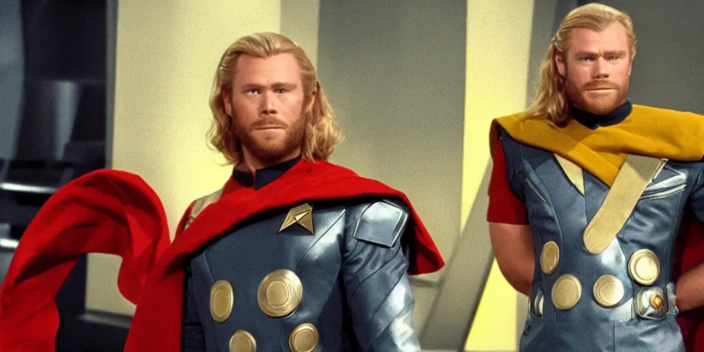 Image similar to Thor, in starfleet uniform, in the role of Captain Kirk in a scene from Star Trek the original series