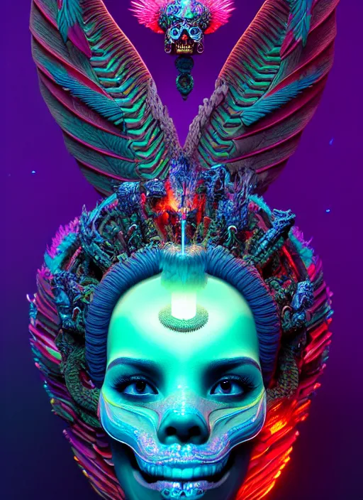 Prompt: 3 d goddess portrait, 8 k micro details global illumiantion beautiful intricate highly detailed quetzalcoatl skull and feathers. bioluminescent, plasma, lava, ice, water, wind, creature, thunderstorm! artwork by tooth wu and wlop and beeple and greg rutkowski, trending on artstation,