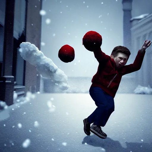 Prompt: a photorealistic hyperrealistic, boy throwing snow balls on donald trump, beautiful dynamic dramatic low - light moody lighting, cinematic atmosphere, artstation, concept design art, octane render, 8 k