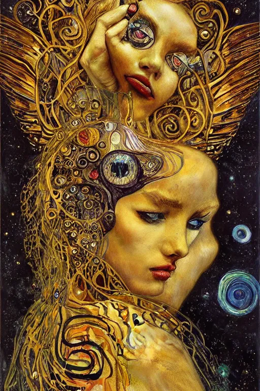 Prompt: Metamorphosis by Karol Bak, Jean Deville, Gustav Klimt, and Vincent Van Gogh, transformational chimera portrait, visionary, cicada wings, transformation, chimera, metamorphosis, otherworldly, fractal structures, ornate gilded medieval icon, third eye, spirals, horizontal symmetry