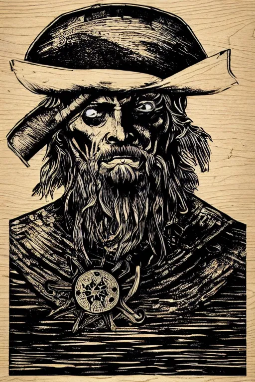 Prompt: a beautiful woodcut print of an old pirate, 8 k, frostbite 3 engine, cryengine, dof, trending on artstation, digital art, crepuscular ray, art by roy l davies and tugboat printshop