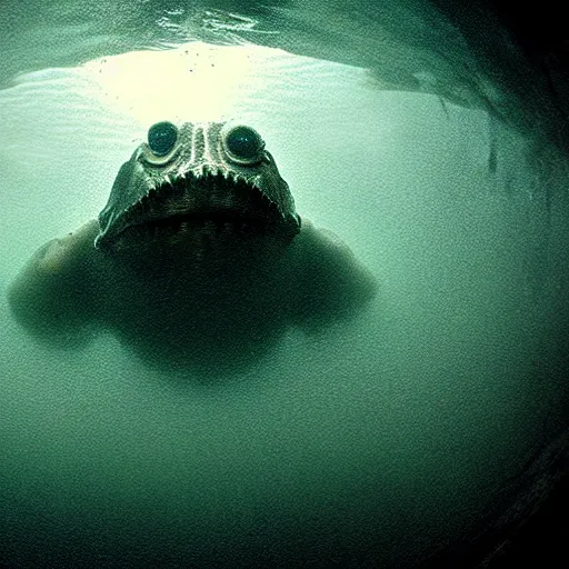 Image similar to sea monster about to eat pov underwater, pale skin, dark yellowish water, foggy water, dark, dramatic,'silent hill ', big eyes, alluring and terrifying, cinematic