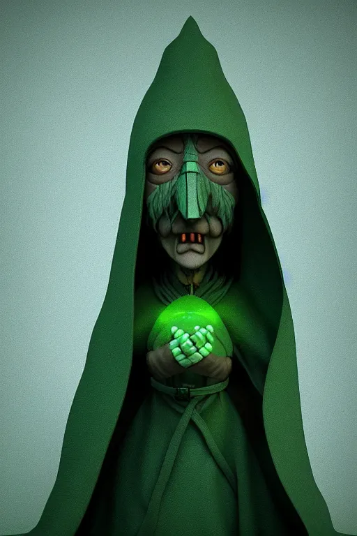 Image similar to A cute shaman with no nose, glowing eyes and a very long hooded dark green cloak of leaves by Julien Kaspar, 3D render, stylized, Cycles Render