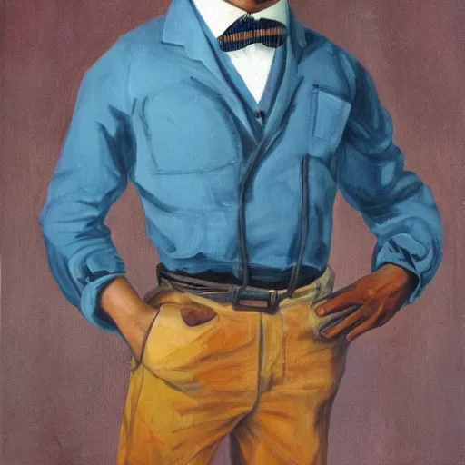 Prompt: A painter. A man, maybe in his mid-thirties. His skin tone is tanned and his hair is cut short. He appears to be some sort of artist, probably a painter. He is wearing a blue jacket, white dress shirt, and blue plaid bow tie. His pants are brown and he has a belt around his waist.